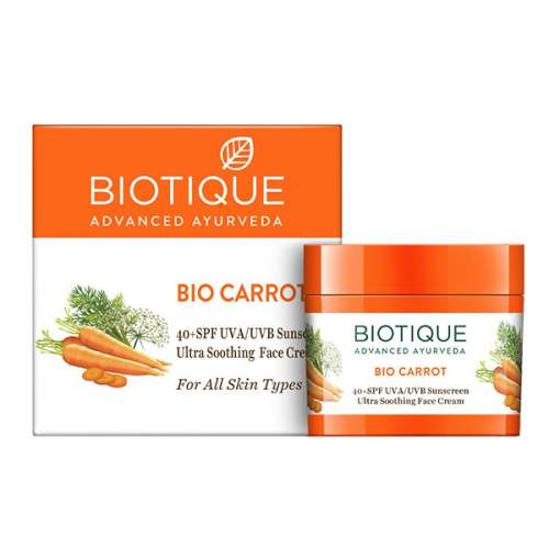Крем для лица солнцезащитный SPF40+ успокаивающий Биотик Био Морковь (Biotique Bio Carrot 40+ SPF Sunscreen Ultra Soothing Face Cream), 50г