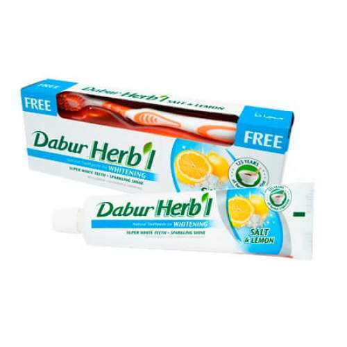 Отбеливающая зубная паста "Соль и Лимон" Дабур (Dabur Herb'l Salt&Lemon Natural Toothpaste for WHITENING), 150г + зубная щетка