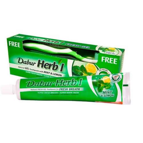 Освежающая зубная паста-гель "Мята и Лимон" Дабур (Dabur Herb'l Mint&Lemon Fresh Breath from Natural FRESH GEL Toothpaste), 150г+зубная щетка