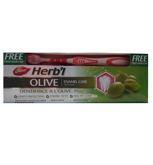 Зубная паста "Восстановление Эмали" с оливой Дабур (Dabur Herb'l Olive Enamel Care), 150г + зубная щетка